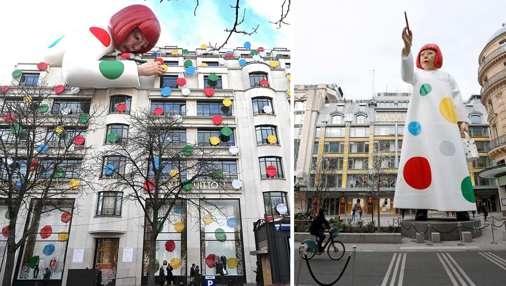 Skulptura Jajoi Kusame postavljena je ispred prodavnice Luj Viton u Parizu 2023. godine, a radnja je prekrivena šarenim tufnicama