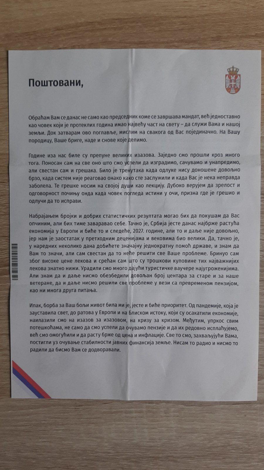 vučićevo pismo penzionerima