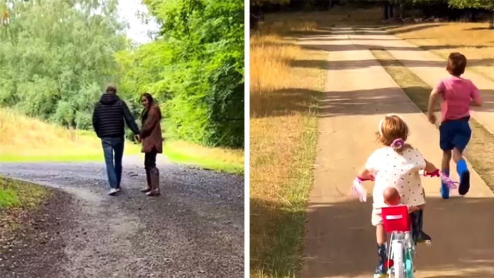 Na fotografiji levo Megan i Hari se drže za ruke i u prirodi su, dok su na desnoj slici njihova deca - devojčica vozi biciklu, a sin ispred nje trči