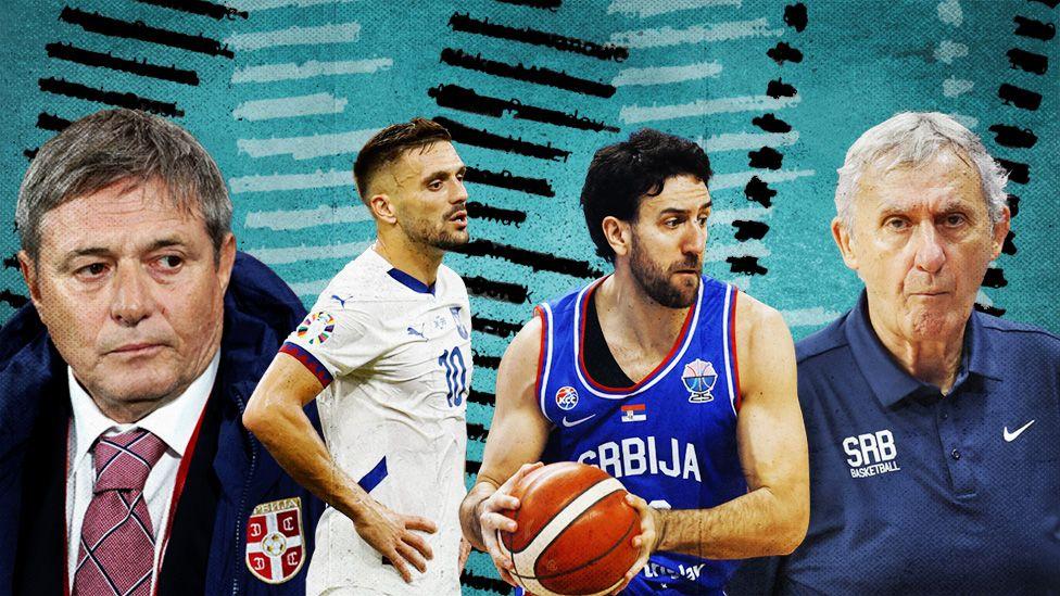 ilustracija sportisti - četiri muškarca, prvi s leva selektor FRS u plavom odelu sa grbom Fudbalskog saveza Srbije i beloj košulji, ima crveno, plavo belu kravau, gleda ukoso, ima prosedu kosu, drugi s leva sniman iz profila na terenu u dresu bele boje, tamno smeđe kose, do njega košarkaš u dresu Srbije, a poslednji u nizu kočarkaški selektor Srbije u plavoj majici i sa sedom kosom