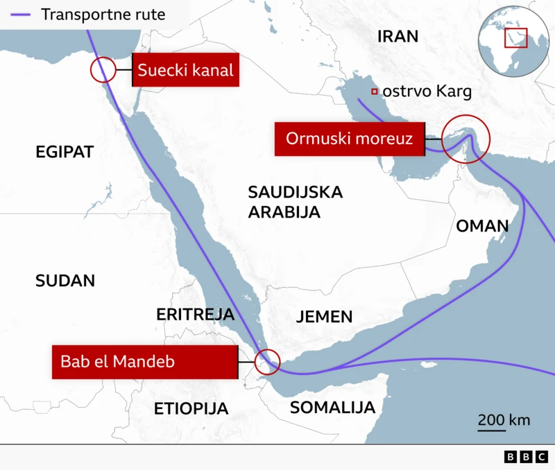 Mapa Arabisjkog poluostrva gde su naznačene države i važni pomorski putevi