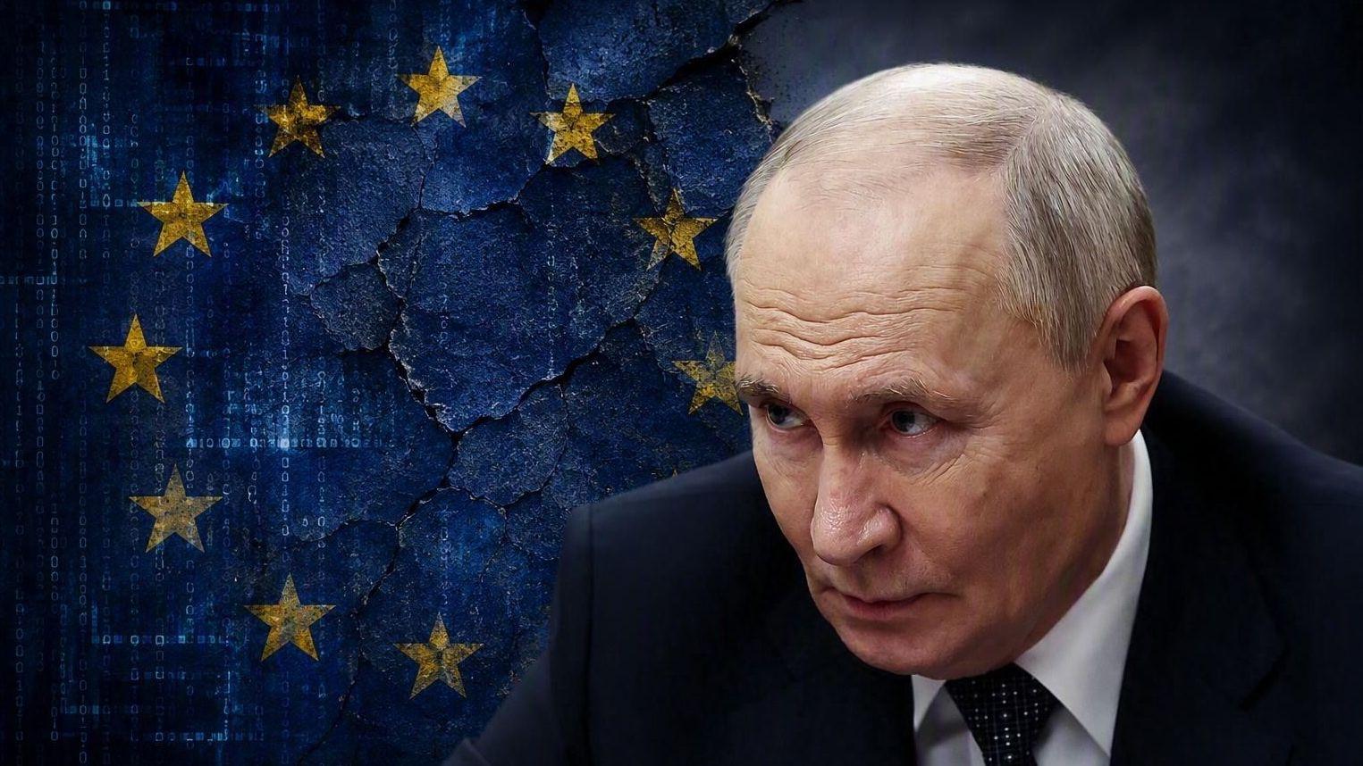 Vladimir Putin u tamnom odelu a iza njega je zastava Evropske unije