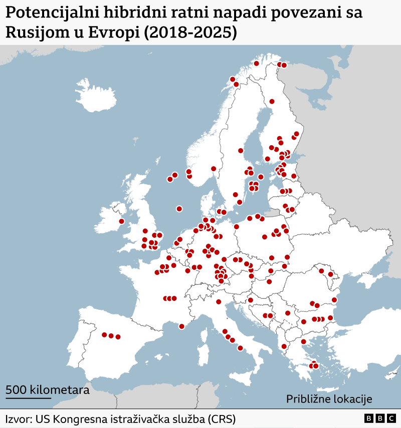 Mapa Evrope sa crvenim tačkama gde se sumnja da su bili potencijalni ruski hibridni napadi