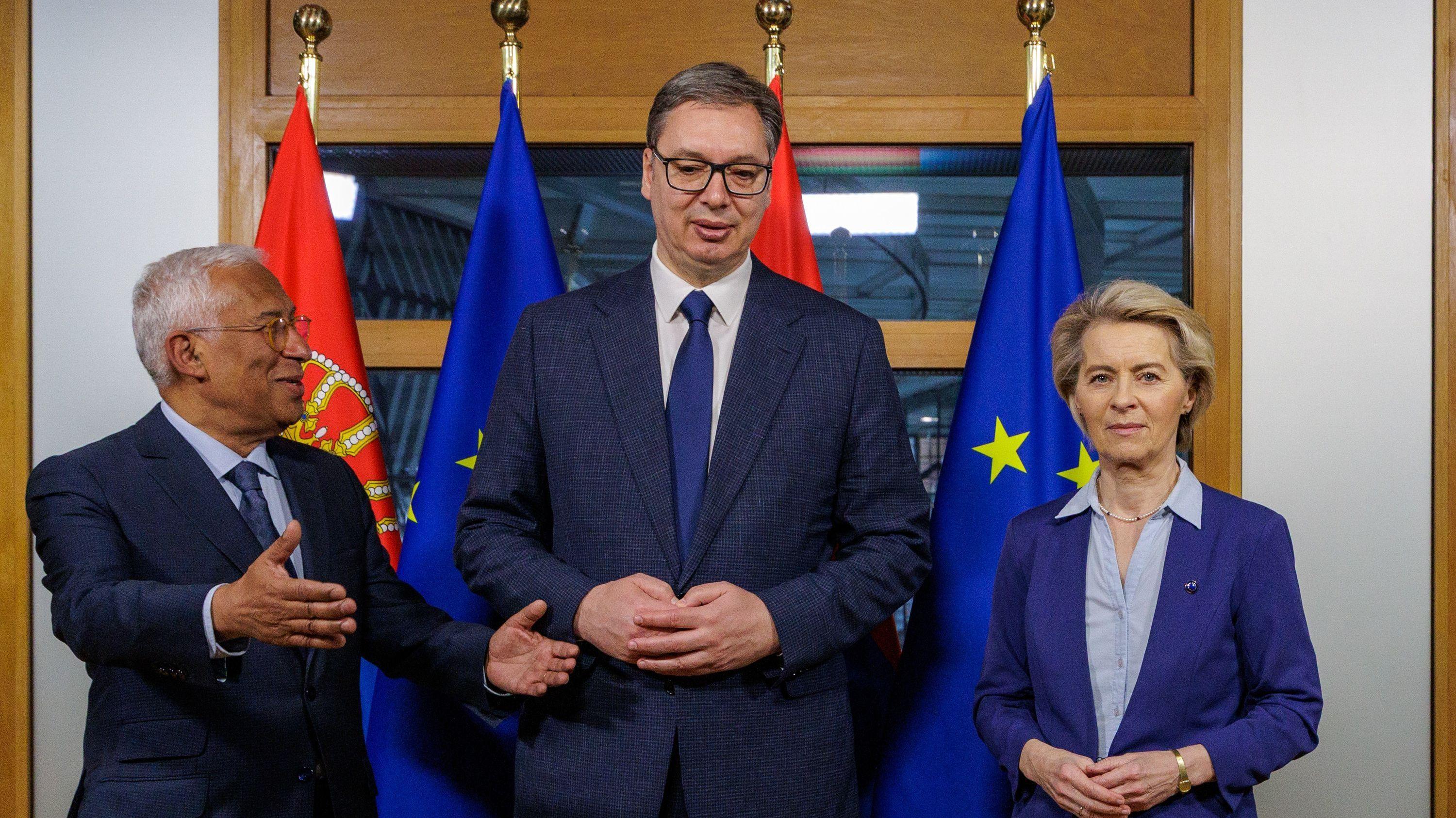 Predsednik Evropskog saveta Antonio Kosta, predsednik Srbije Aleksandar Vučić i predsednica Evropske komisije Ursula fon der Lajen sastaju se u Savetu EU u Briselu, u Belgiji, 25. marta 2025. godine.