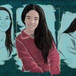 Ilustracija Viktorije s ukupno tri slike - srednja je crvene boje. Na svakoj od slika ona se smeši