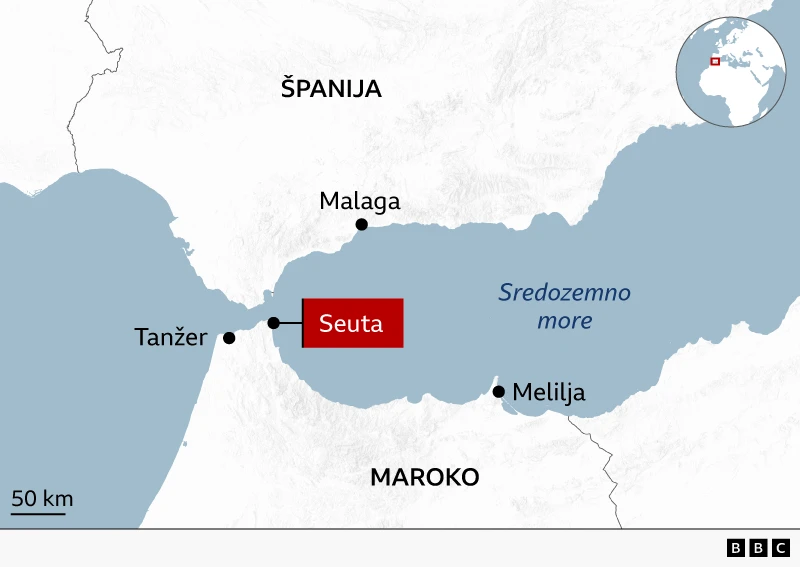Mapa Španije, Severne Afrike, crvenom bojom je obeleženo gde je Seuta