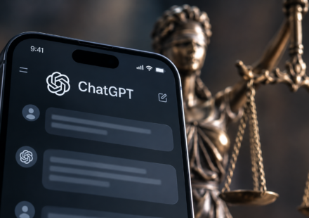 mobilni telefon na kojem je otvoren ChatGPT i u pozadini boginja pravde