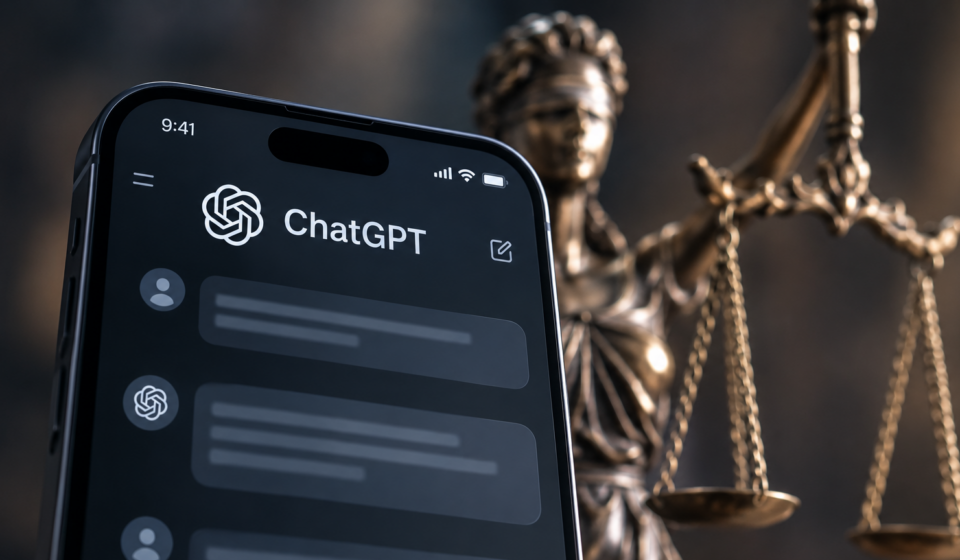 mobilni telefon na kojem je otvoren ChatGPT i u pozadini boginja pravde