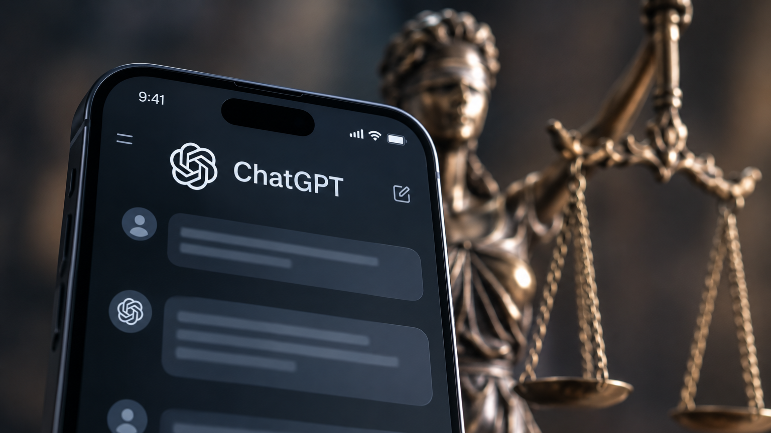mobilni telefon na kojem je otvoren ChatGPT i u pozadini boginja pravde
