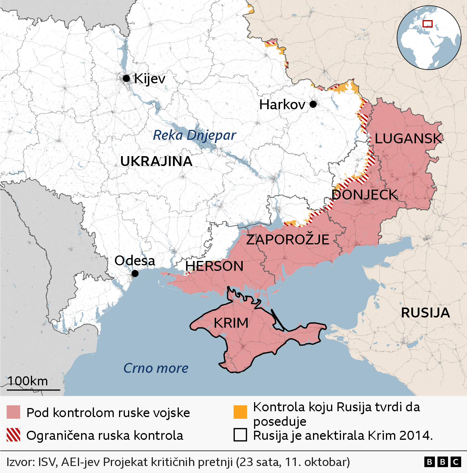 Mapa Ukrajine sa teritorijama koje kontroliše Rusija