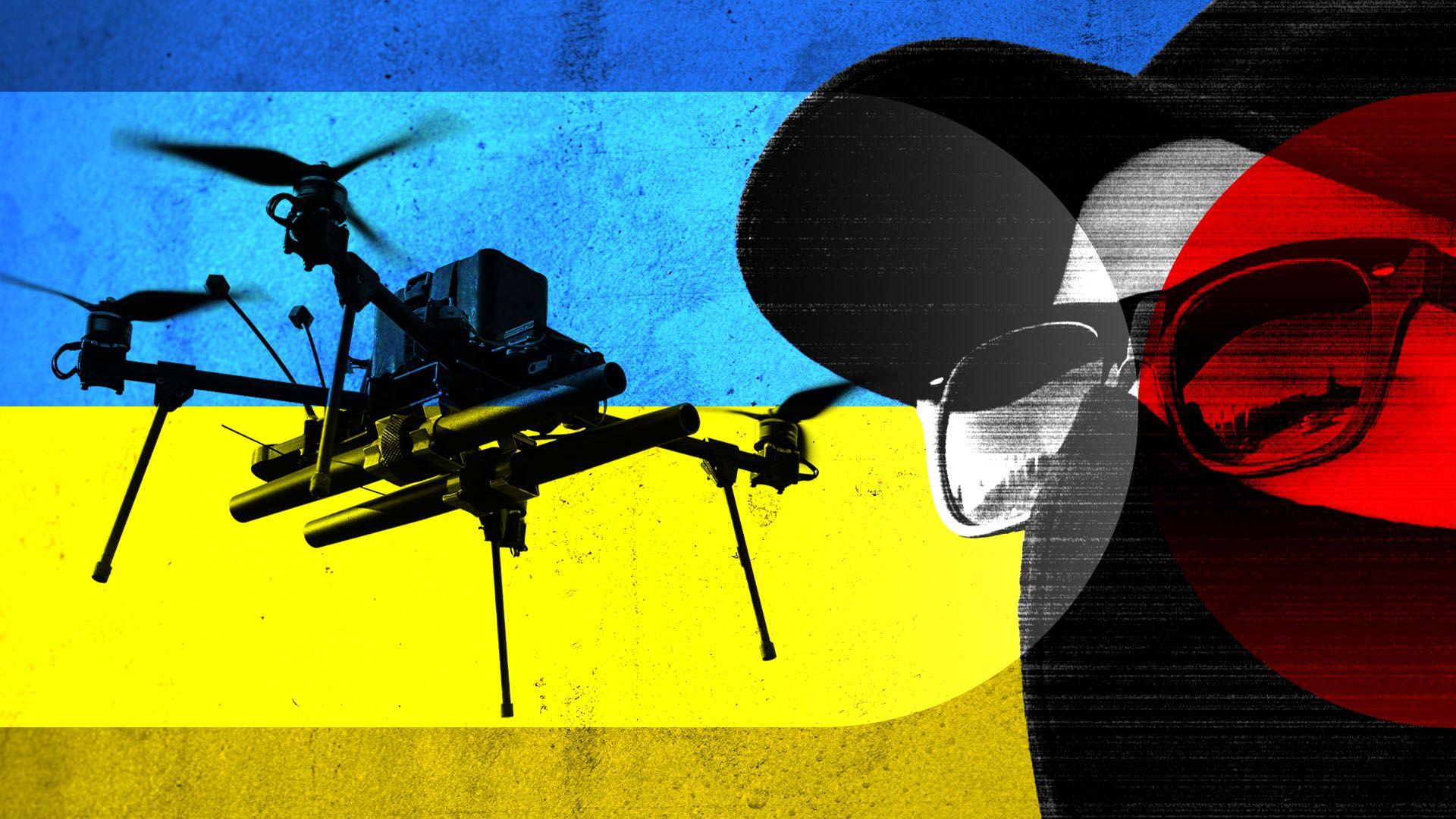 ilustrovana fotografija u crvenoj, beloj, žutoj i plavoj boji, koja prikazuje dron sa leve strane i čoveka sa bejzbol kačketom i tamnim naočarima sa desne strane