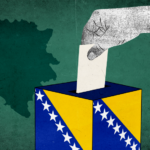 Ilustracija na kojoj je glasačka kutija u bojama zastave Bosne i Hercegovine, plavoj žutoj i žutim zvezdicama, i ruka ubacuje glasački listić, iza je senka u granicama države BiH