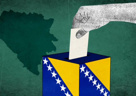 Ilustracija na kojoj je glasačka kutija u bojama zastave Bosne i Hercegovine, plavoj žutoj i žutim zvezdicama, i ruka ubacuje glasački listić, iza je senka u granicama države BiH
