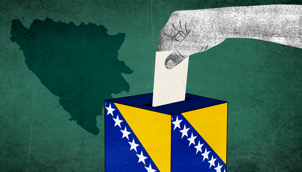 Ilustracija na kojoj je glasačka kutija u bojama zastave Bosne i Hercegovine, plavoj žutoj i žutim zvezdicama, i ruka ubacuje glasački listić, iza je senka u granicama države BiH