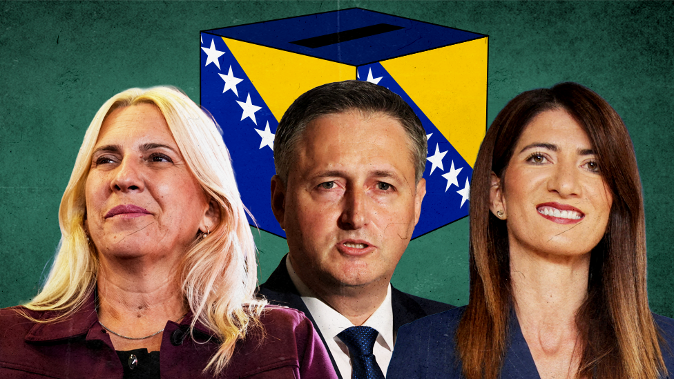 Ilustracija na kojoj su dve žene i jedan muškarac, on je u sredini, iza njih glasačka kutija sa zastavom BiH