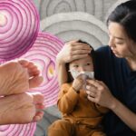 Fotomontaža prikazuje majku sa bolesnom ćerkom koja duva nos, par stopala i isečene prstenove crnog luka
