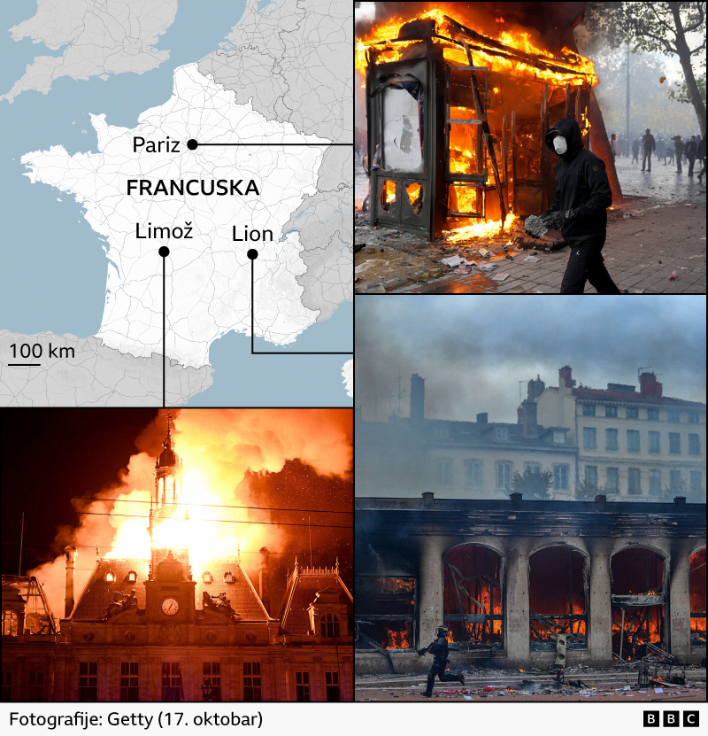 mapa francuske i posledice nereda, protesti u francuskoj