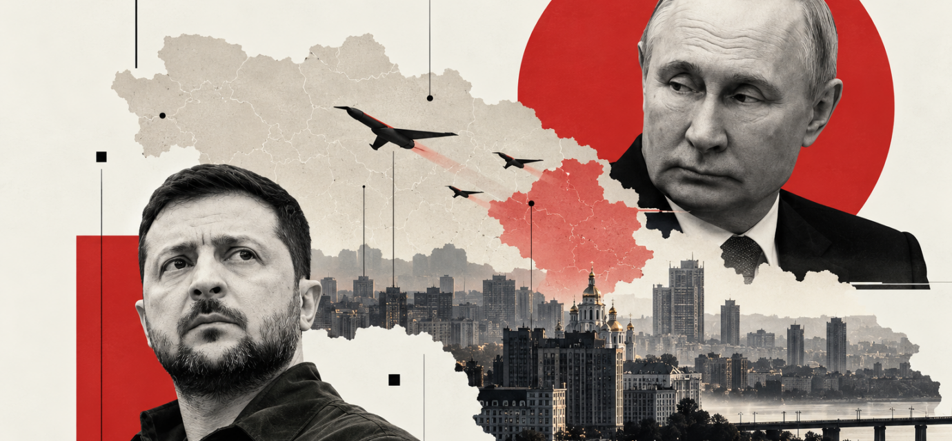 BBC ilustracija Vladimira Zelenskog i Vladimira Putina uz panoramu Kijeva i prikaz raketa iznad grada