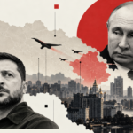 BBC ilustracija Vladimira Zelenskog i Vladimira Putina uz panoramu Kijeva i prikaz raketa iznad grada