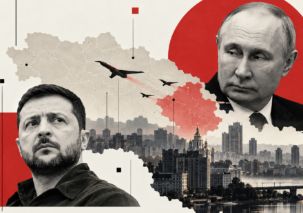 BBC ilustracija Vladimira Zelenskog i Vladimira Putina uz panoramu Kijeva i prikaz raketa iznad grada