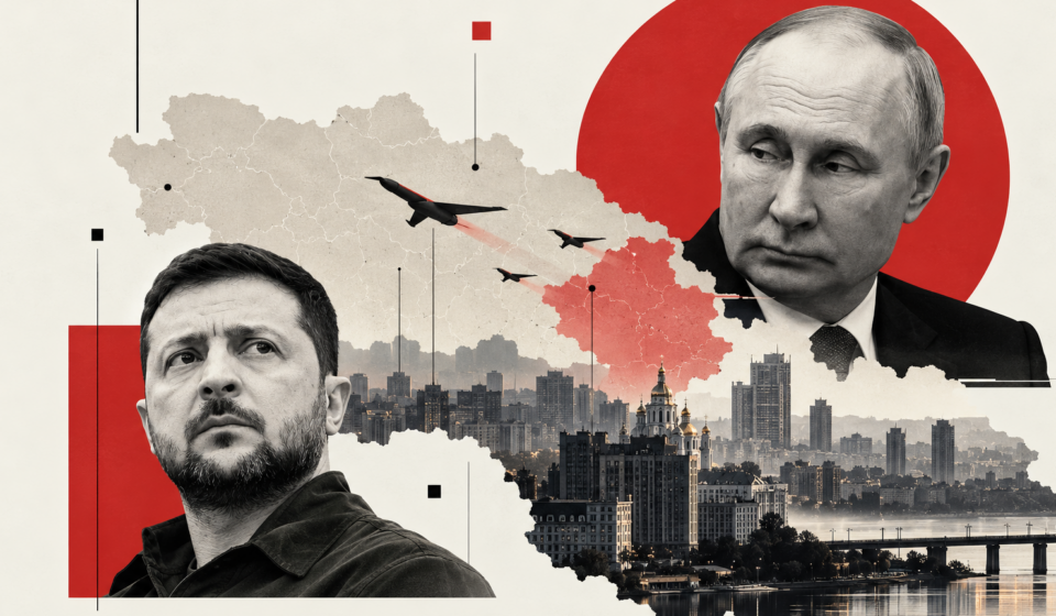 BBC ilustracija Vladimira Zelenskog i Vladimira Putina uz panoramu Kijeva i prikaz raketa iznad grada