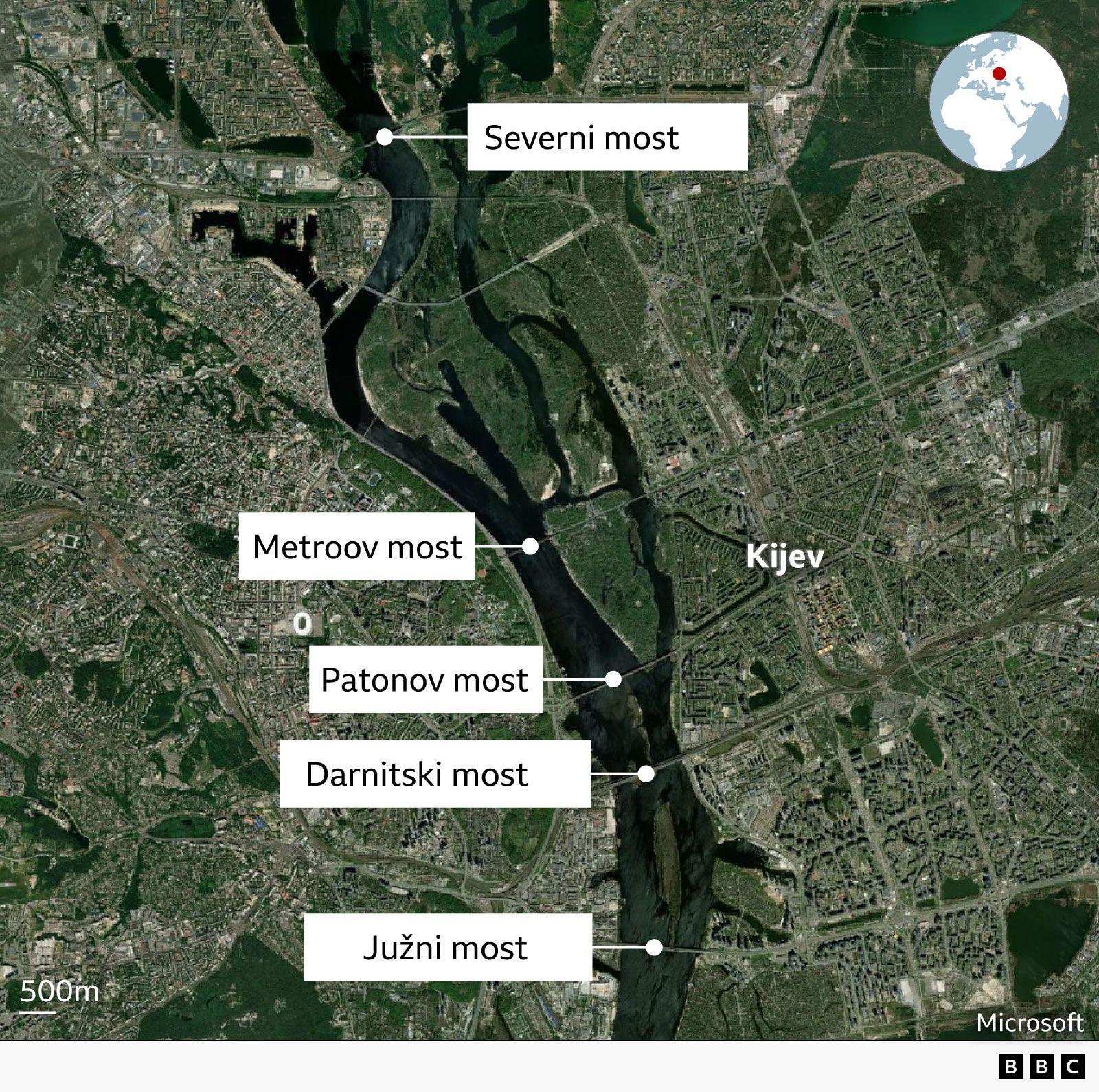 Mapa sa mostovima preko Dnjepra u Kijevu