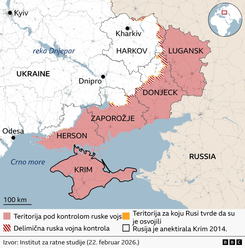 Mapa Ukrajine na kojoj su tamnijom bojom obeležene teritorije pod ruskom kontrolom