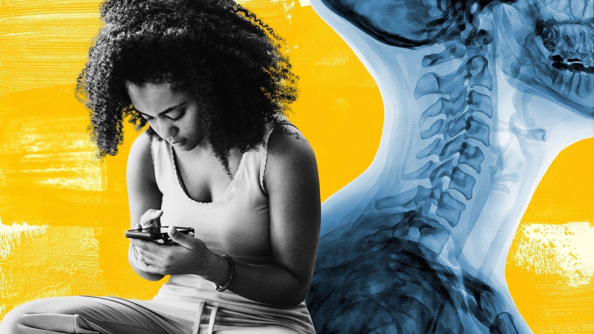 ilustracija žene pogrbljene kako drži telefon u ruci