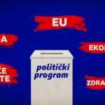 Velika bela kuptija na kojoj plavim slovima piše politički program, okružena rečima kao što su Rusija, zdravstvo, ekologija, veće plate, EU