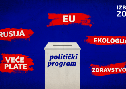 Velika bela kuptija na kojoj plavim slovima piše politički program, okružena rečima kao što su Rusija, zdravstvo, ekologija, veće plate, EU